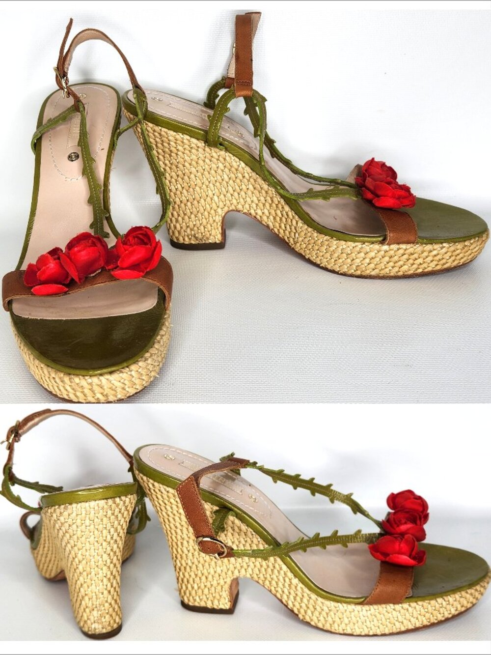 CELINE vintage 38 woman ROSEBUDS Leather & raffia Platform Sandals Authentic - Picture 3 of 5
